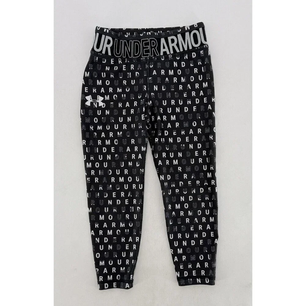 Under Armour YSM Girl’s Black/White/Gray Big Logo Leggings Pull On, See Photos